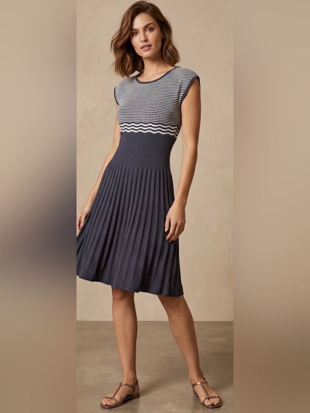 Max Studio knit dress Geometric Knit Mini Dress in Blue & White Size L
